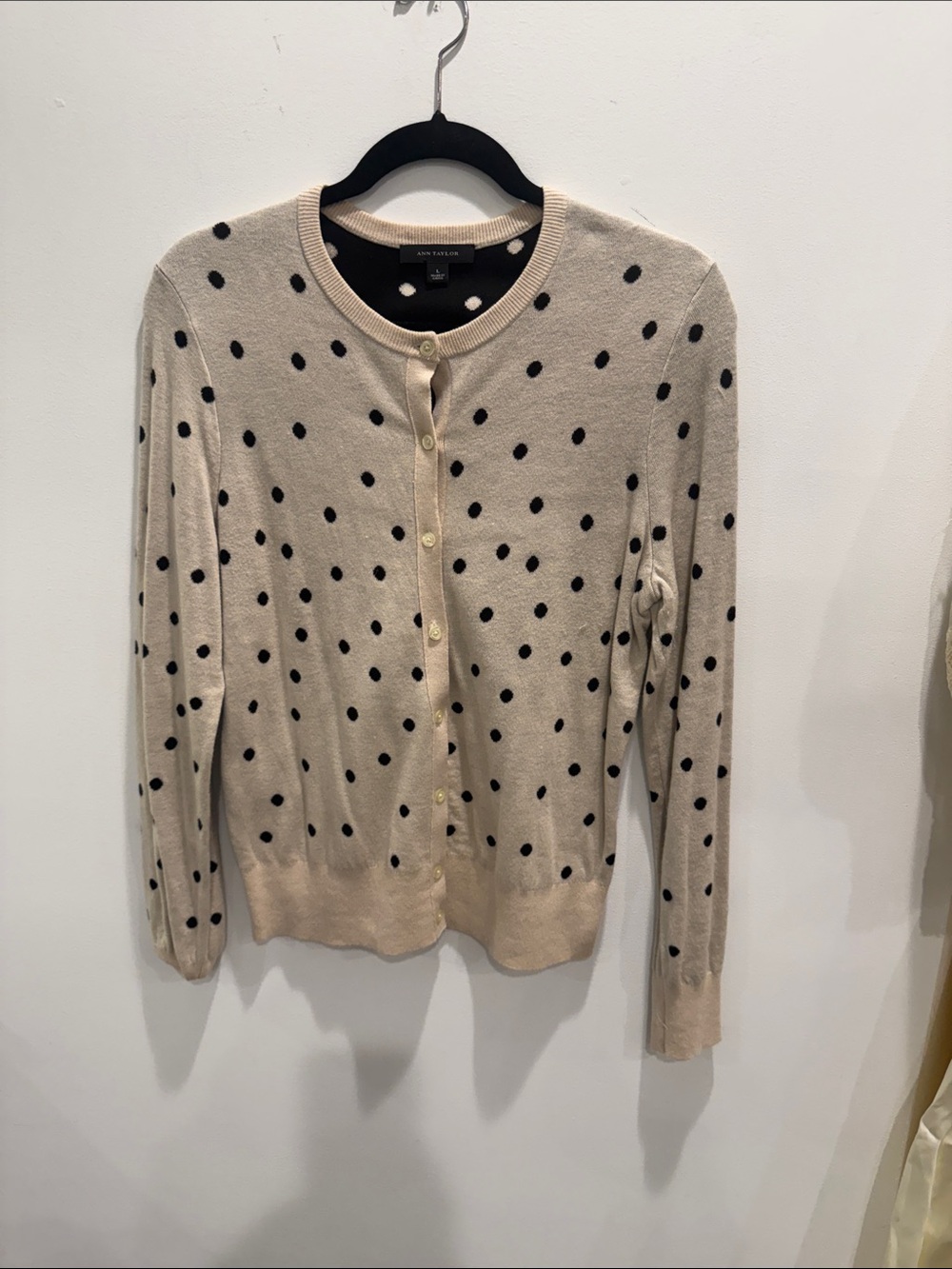 Ann Taylor Beige Cardigan with Black Polka Dots